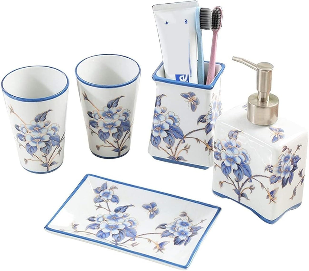 Soap Dispenser Set Chinese Traditional Flowers Ceramic Full Bathroom Accessory Set Blue Flower and Bird Bathroom Kit Bathrooms Sets(5-Piece Set)