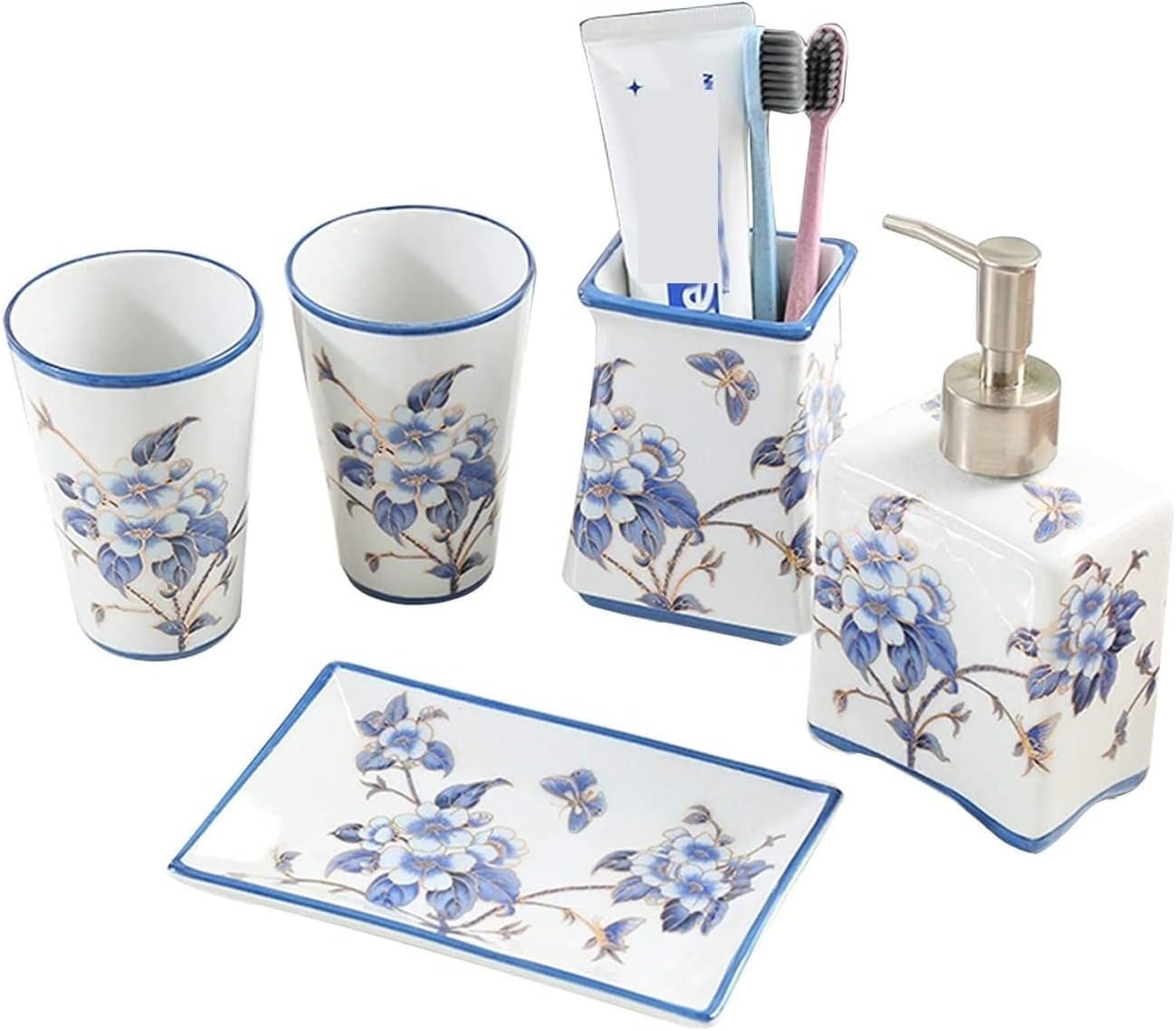 Soap Dispenser Set Chinese Traditional Flowers Ceramic Full Bathroom Accessory Set Blue Flower and Bird Bathroom Kit Bathrooms Sets(5-Piece Set)