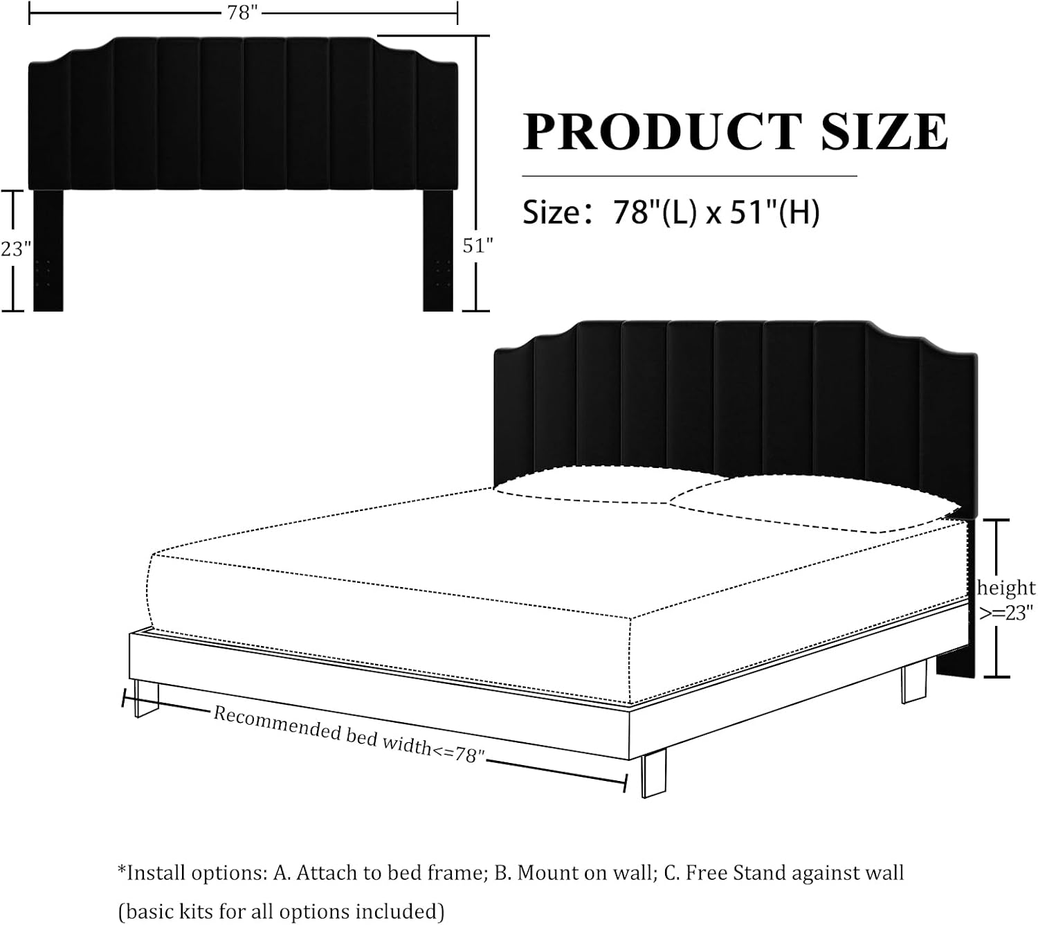 Befurtori King Size Headboard Only, Velvet Wall Mounted Headboard King for Adjustable Bed Modern Upholstered Head Board Easy Assembly, Black