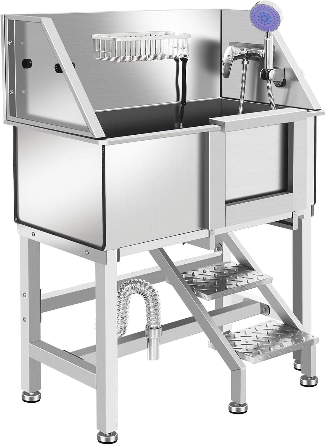Dog Grooming Tub, L Pet Wash Station, Professional Stainless Steel Pet Grooming Tub With Ramp, Faucet, Sprayer, And Drain Kit