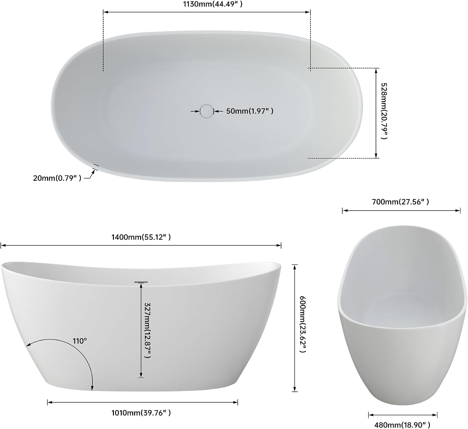 55' Premium Solid Surface Freestanding Bathtubs, Contemporary Design Stand Alone Stone Resin Tub with Overflow and Pop-up Drain, Matte White