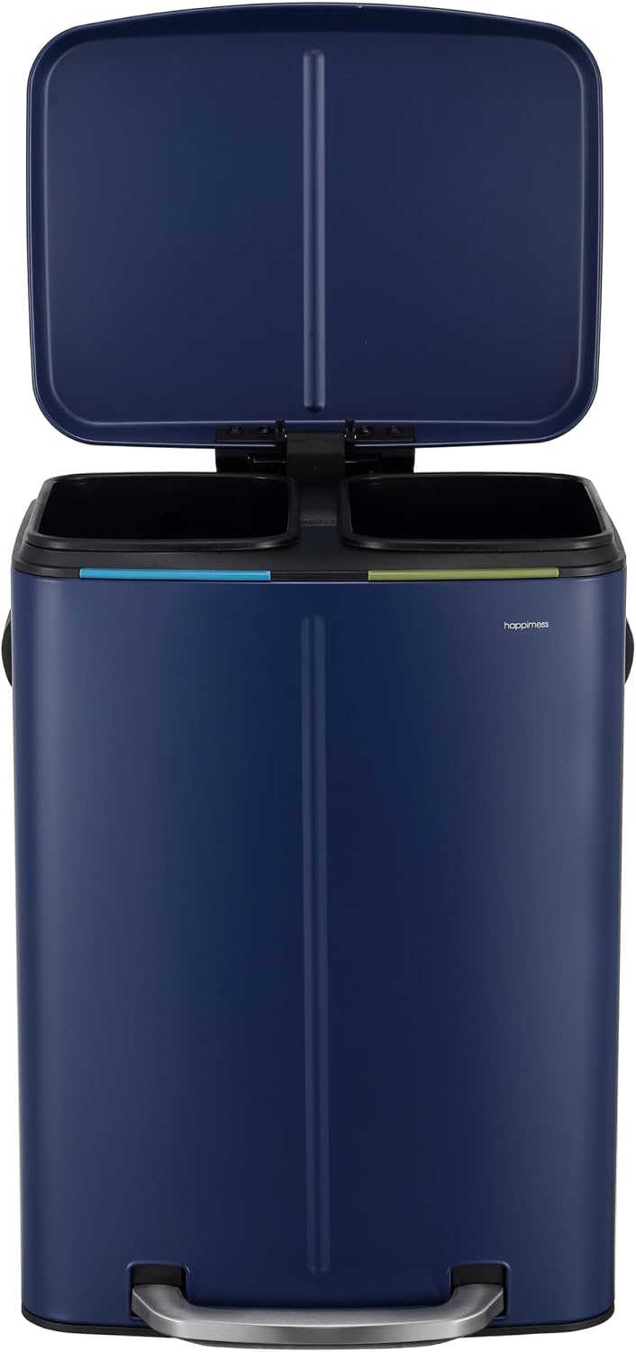 happimess HPM1005J Marco Rectangular 10.6-Gallon Double Bucket Trash Can with Soft-Close Lid, Denim Blue, Fingerprint Resistant, Modern, Minimalistic for Home, Kitchen, Office, Bedroom, Bathroom