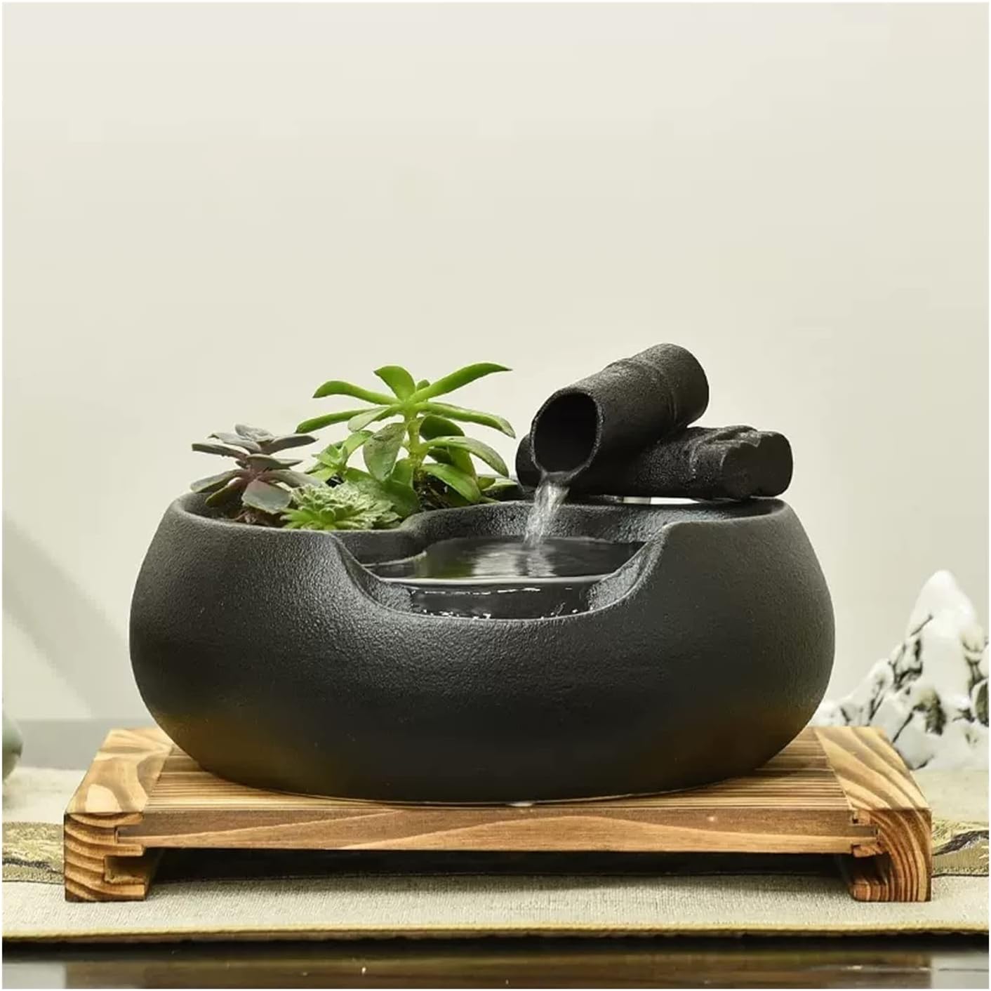 HIHELO Desktop Fountain Ceramic Tabletop Fountain for Indoor and Outdoor Office Patio Black Ceramic Fountain with Pump and Wooden Base Water Fountain Outdoor (Color : A)