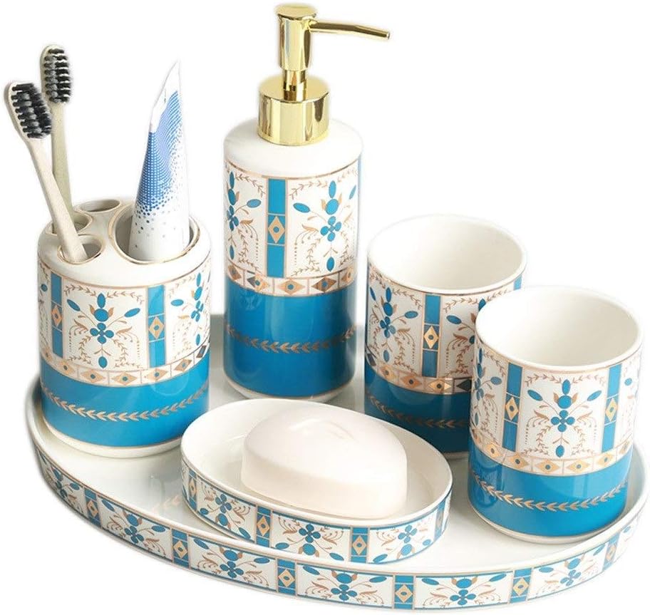 Soap Dispenser Pump 6-Piece Ceramic Bathroom Accessories Set Soap Dispenser Toothbrush Holder Mug Soap Dish and Utility Tray Household Items Gift Ideal for Bathroom Countertop,Bl,A
