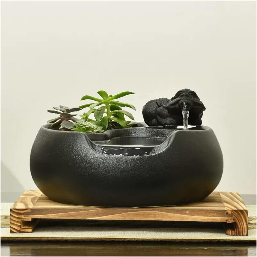 HIHELO Desktop Fountain Ceramic Tabletop Fountain for Indoor and Outdoor Office Patio Black Ceramic Fountain with Pump and Wooden Base Water Fountain Outdoor (Color : B)