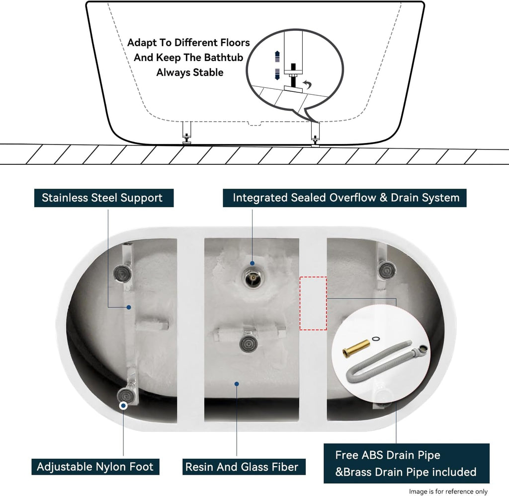 FerdY Shangri-La 47' Acrylic Freestanding Bathtub, Small Classic Oval Shape Acrylic Soaking Bathtub with Matte Black Drain & Minimalist Linear Design Overflow, Modern White, cUPC Certified