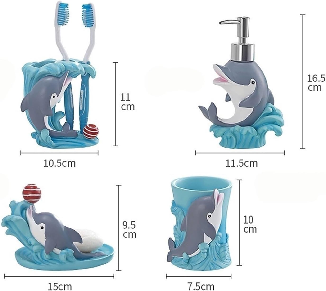 Bathroom Accessories Set, 5-Piece Blue Dolphin Soap Dispenser, Toothbrush Holder, Soap Dish, 2 Tumblers Bath Set