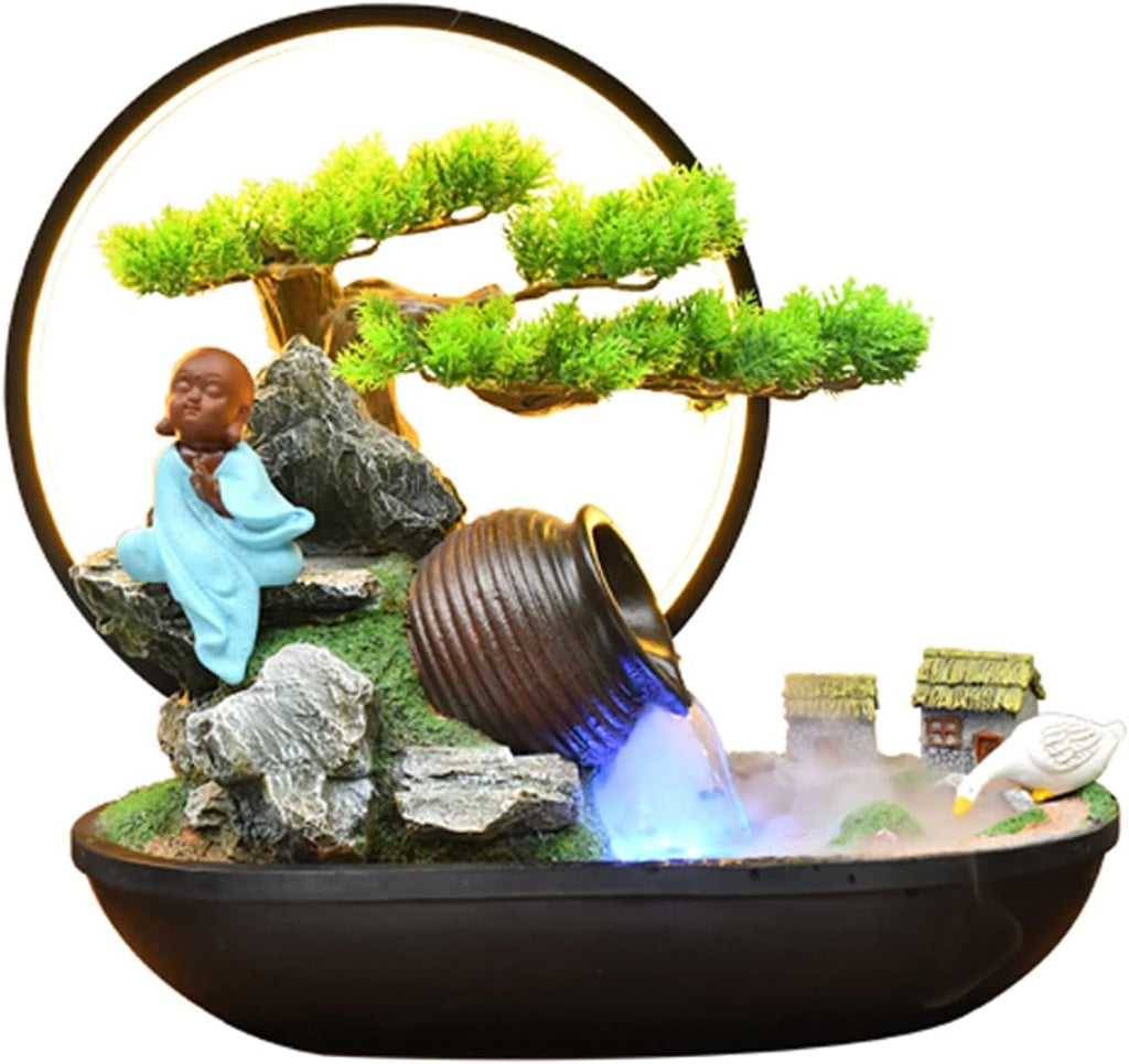 Tabletop Fountain Indoor Water Fountain, Artificial Bonsai and Buddah Statute Tabletop Fountain with LED Lights Zen Fountain for Home Office Bedroom Desk Decoration Water Fountain