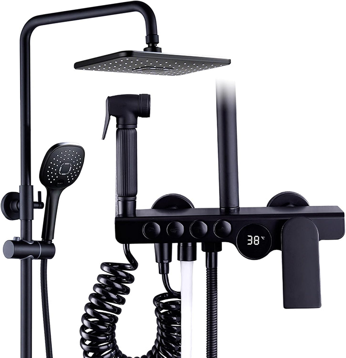 Rain Shower System Complete for Bathroom, Wall Mount Adjustable Shower Faucets Sets with Bath Filler and Bidet Faucets, Rainfall Shower Head and 3 Function Handheld Shower (Color : Black)