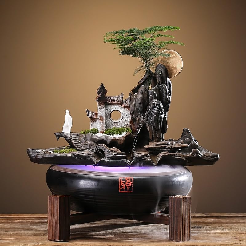 GUERNSEY Tabletop Fountain Flowing Water Ornaments Chinese Style Ceramic Home Decoration Humidifier Living Room Office Desktop Fountain with Feng Shui Wheel Indoor Fountain