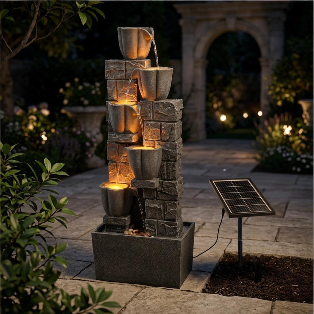 Cheng Pin Solar Powered Water Fountain Outdoor, 38.2 Inch Tall 4 Tiers Tulip Waterfall Fountain with LED Lights, Grey Decorative Natural Water Feature Ornament for Garden, Patio, Lawn Yard Landscape