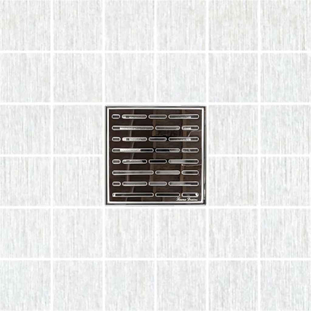 SereneDrains 304 Stainless Steel 6 Inch Square Polished Chrome Shower Drain Kit for Tile Floor Drain Grate Cover Hair Catcher Trap Strainer Filter (Polished Chrome, Broken Lane Design)