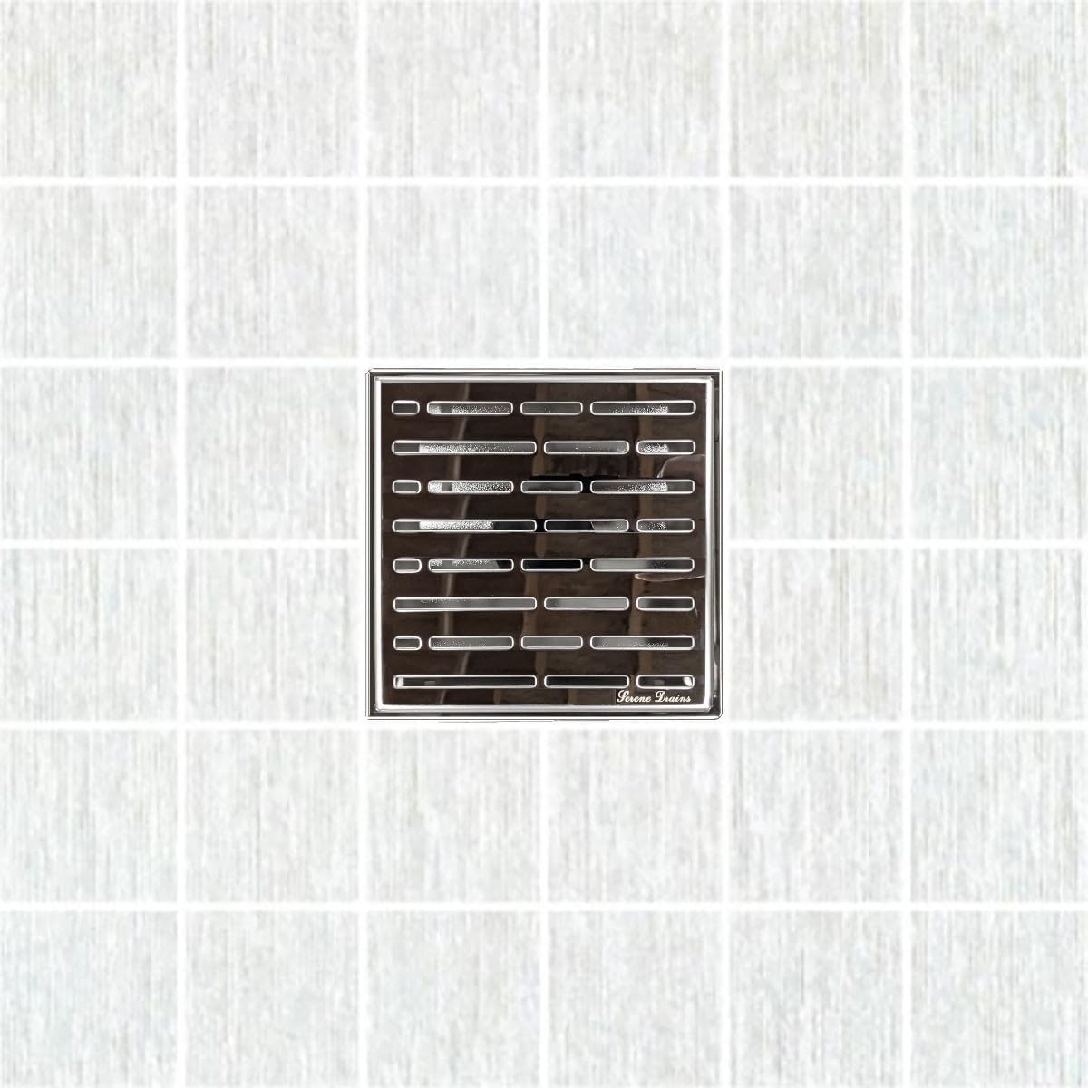 SereneDrains 304 Stainless Steel 6 Inch Square Polished Chrome Shower Drain Kit for Tile Floor Drain Grate Cover Hair Catcher Trap Strainer Filter (Polished Chrome, Broken Lane Design)