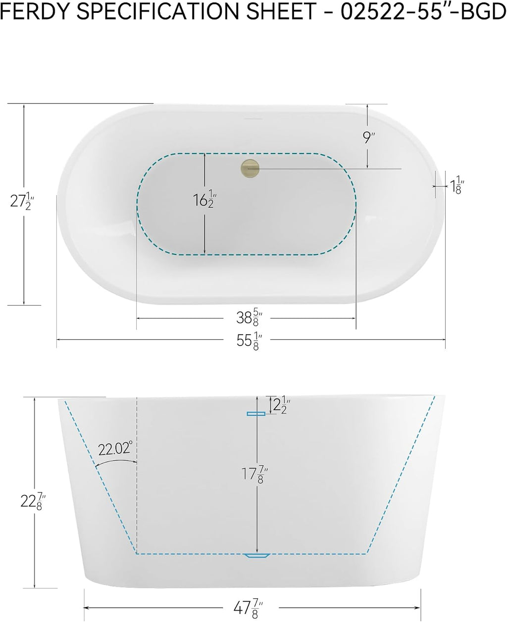 FerdY Shangri-La 55' Acrylic Freestanding Bathtub, Ergonomic Lightweight Classic Oval Soaking Bathtub with Brushed Gold Drain, Minimalist Linear Design Overflow, Modern White