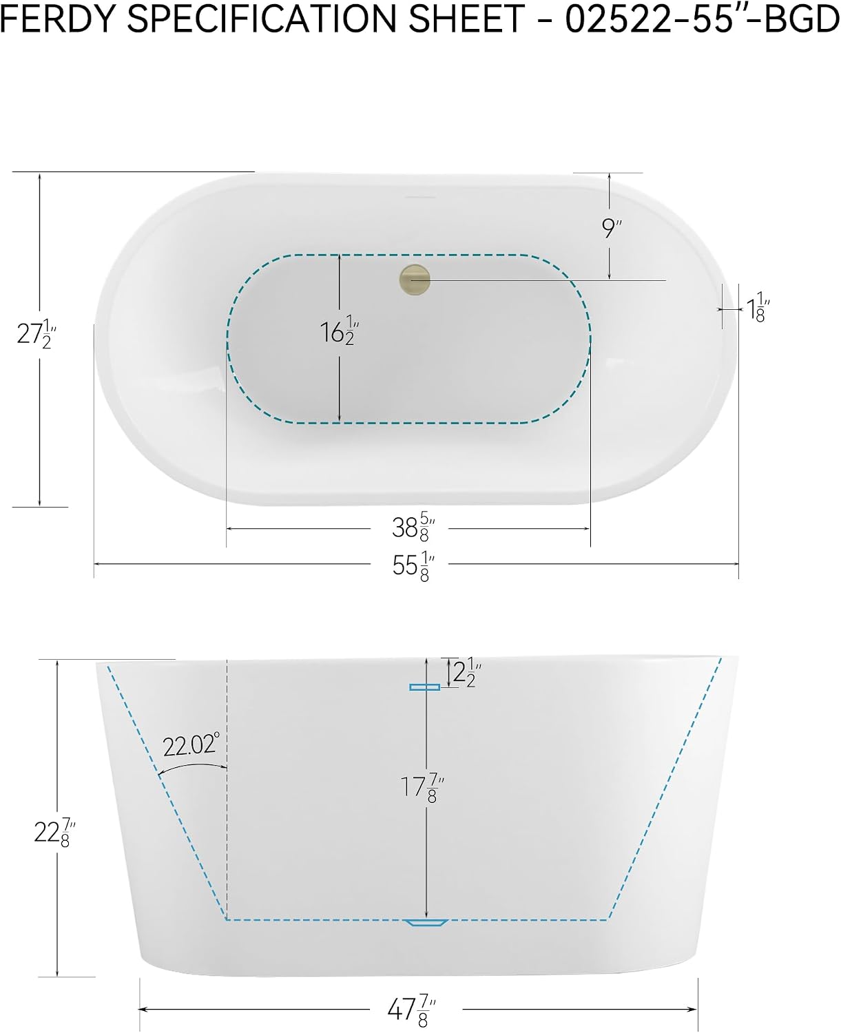 FerdY Shangri-La 55' Acrylic Freestanding Bathtub, Ergonomic Lightweight Classic Oval Soaking Bathtub with Brushed Gold Drain, Minimalist Linear Design Overflow, Modern White