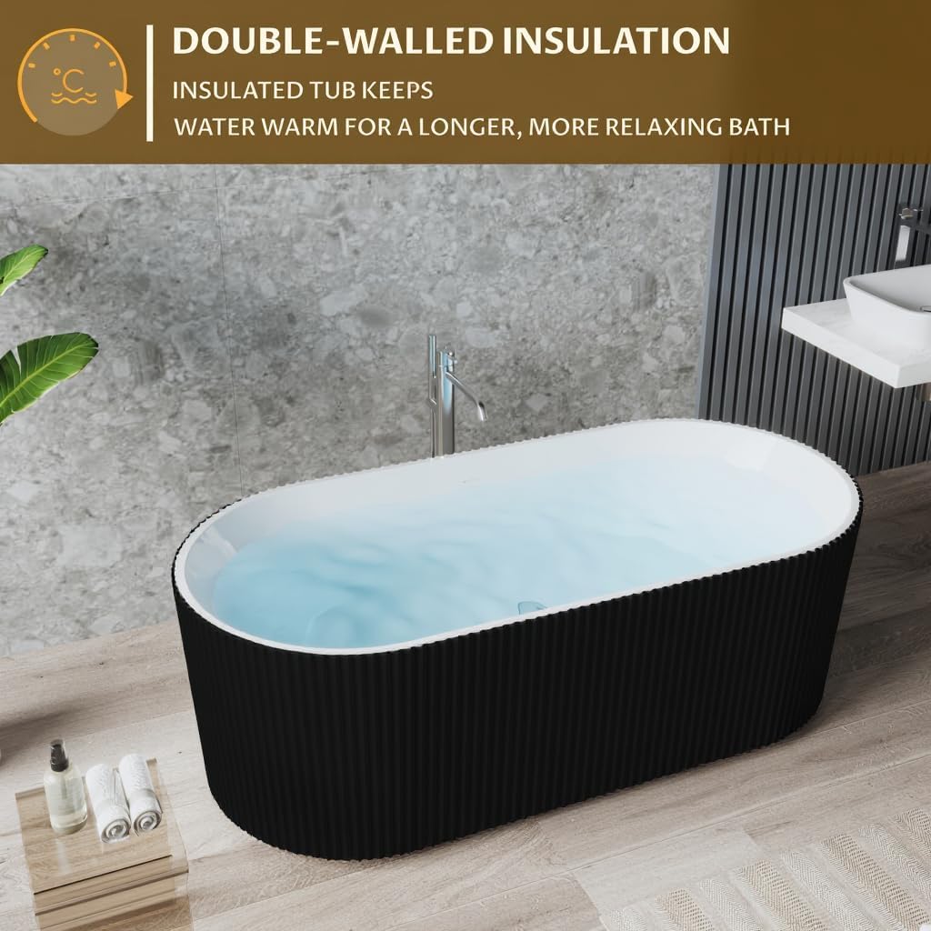67 inch Freestanding Bathtub for Main Bathroom – Black & White Acrylic Free Standing Tub with Chrome Drain, Extra-Deep Soaking Tub for Luxurious Bathing Experience
