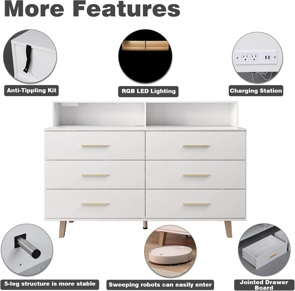 UNIQUITE 6 Drawers Dresser with LED Light and Power Outlet, Wood White Dressers for Bedroom & Chests of Drawers, Large Double Dressers for Bedroom, Entryway, Hallway