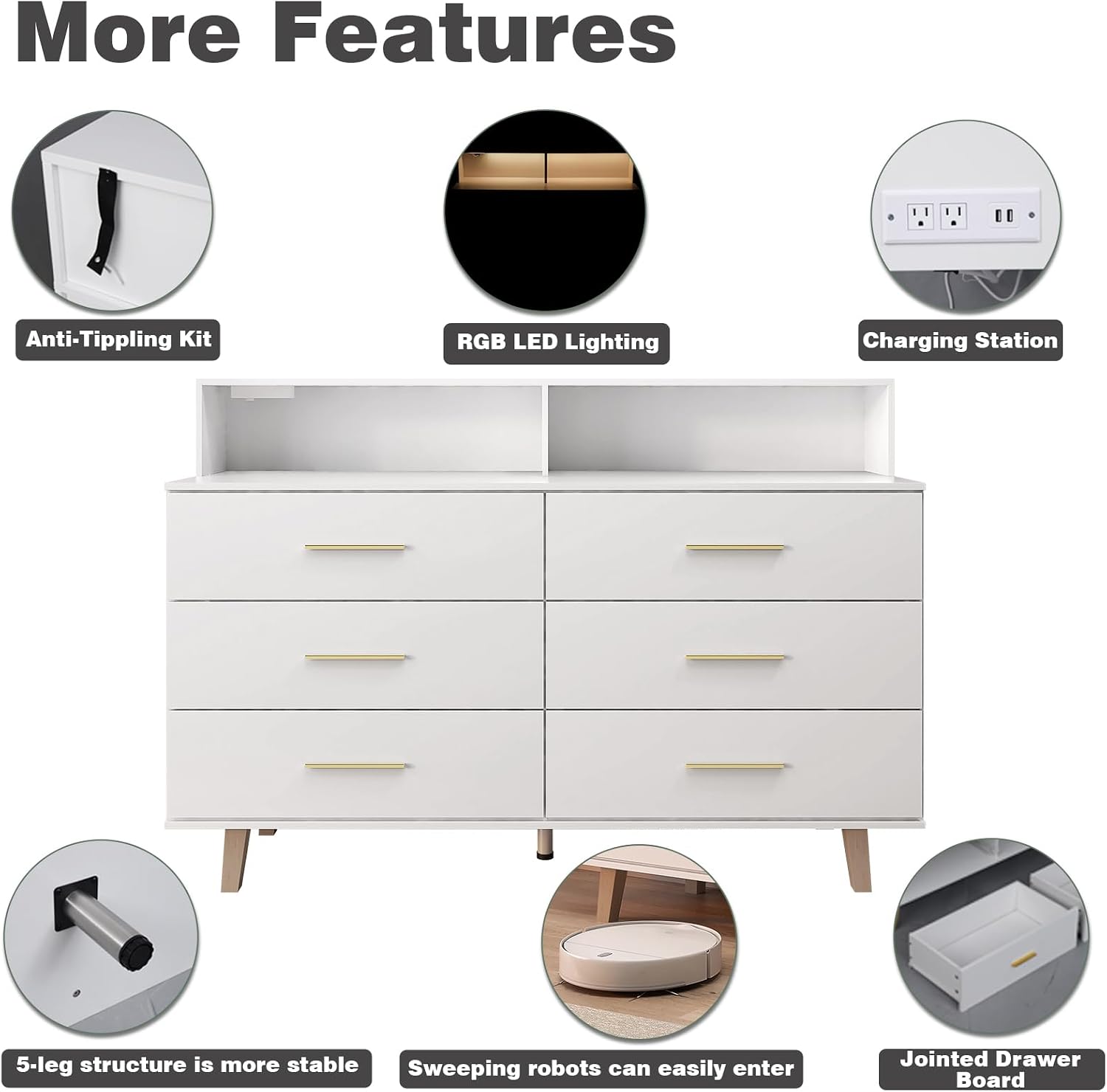 UNIQUITE 6 Drawers Dresser with LED Light and Power Outlet, Wood White Dressers for Bedroom & Chests of Drawers, Large Double Dressers for Bedroom, Entryway, Hallway