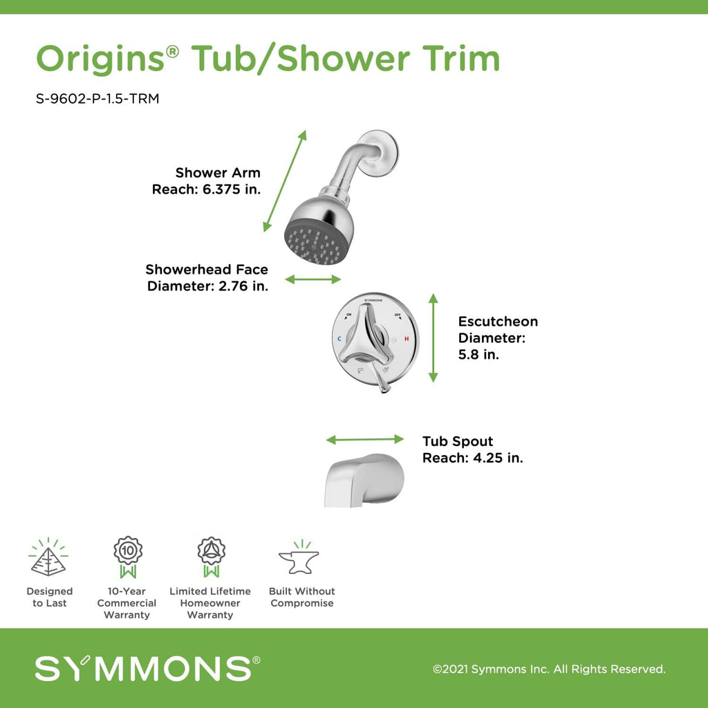 Symmons S-9602-P-1.5-TRM Origins Single Handle 1-Spray Tub and Shower Faucet Trim in Polished Chrome - 1.5 GPM (Valve Not Included)