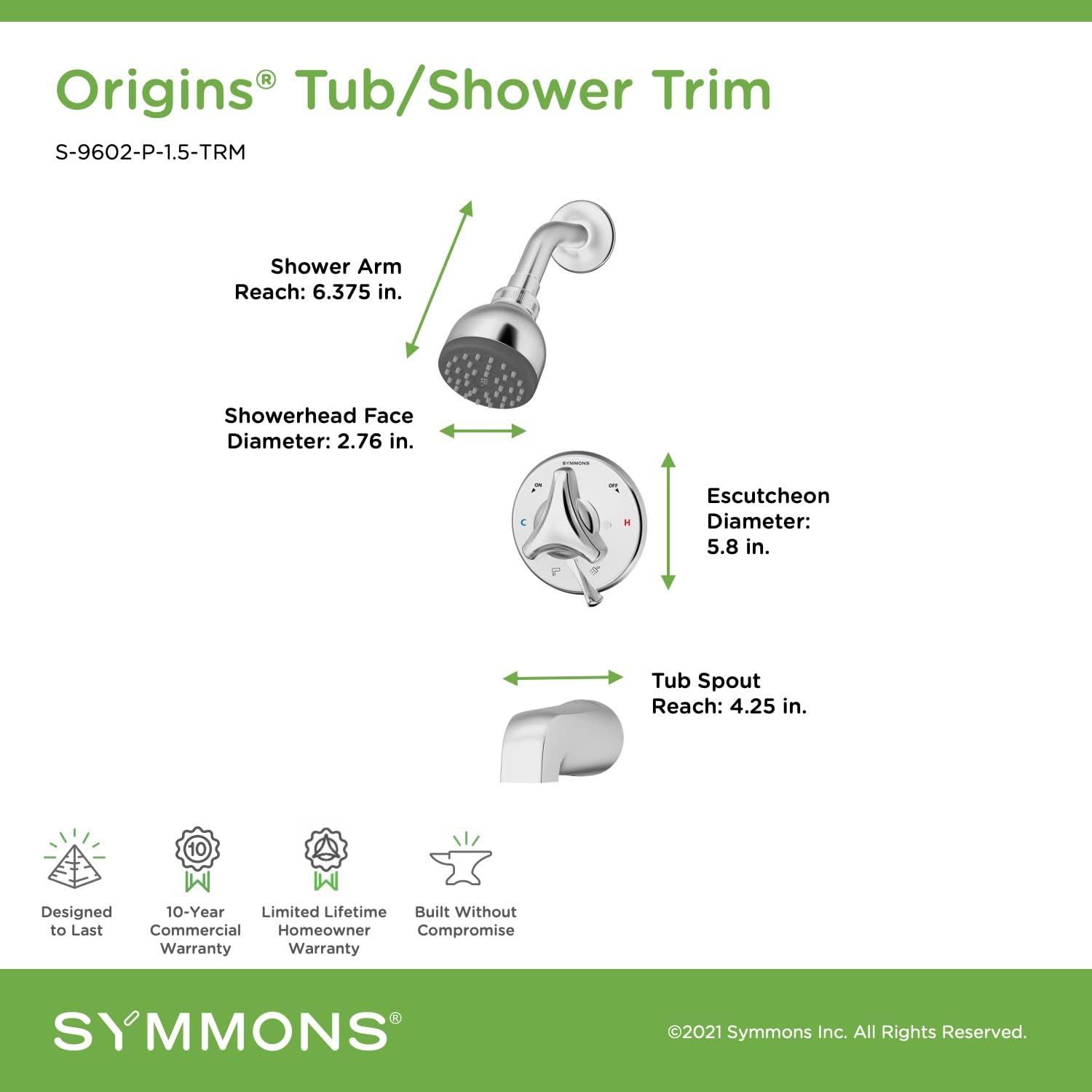 Symmons S-9602-P-1.5-TRM Origins Single Handle 1-Spray Tub and Shower Faucet Trim in Polished Chrome - 1.5 GPM (Valve Not Included)