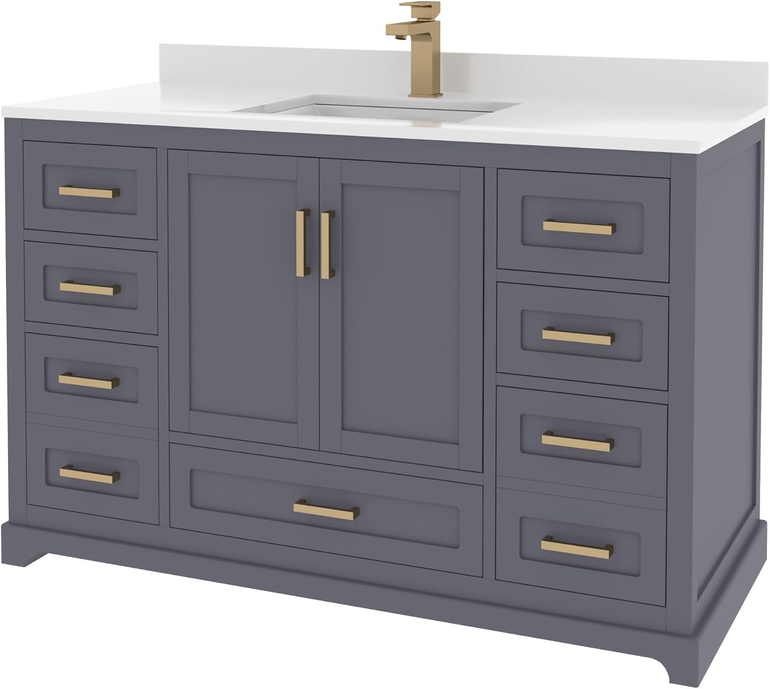 Ayna Decors Maya 48 Inch Single Vanity with Sink and Quartz Countertop in Charcoal Grey, Freestanding Bathroom Vanities with Soft Close Doors and Drawers - Brushed Gold Hardware