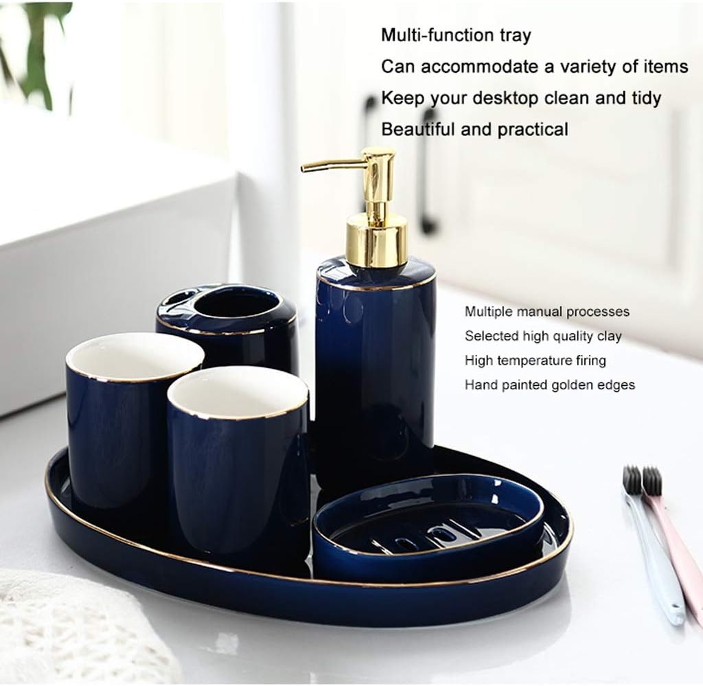 Kitchen Soap Dispenser Dark Blue Gold Edge Ceramic Bathroom Accessories Supplies Six-piece Set Containing Soap Dispenser Mouthwash Cup Toothbrush Holder Soap Box and Tray Countertop Soap Dispensers
