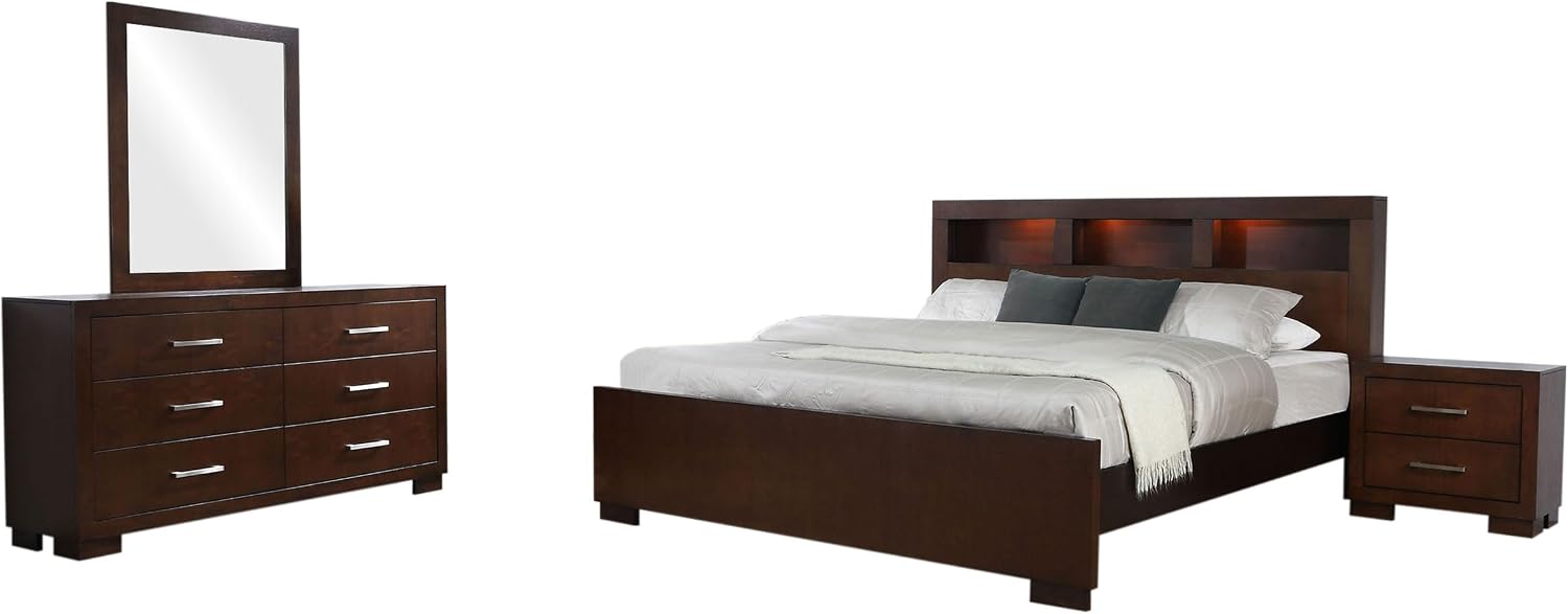 Benzara Bela 4 Piece Queen Bedroom Set- Bookcase Headboard- Dark Brown