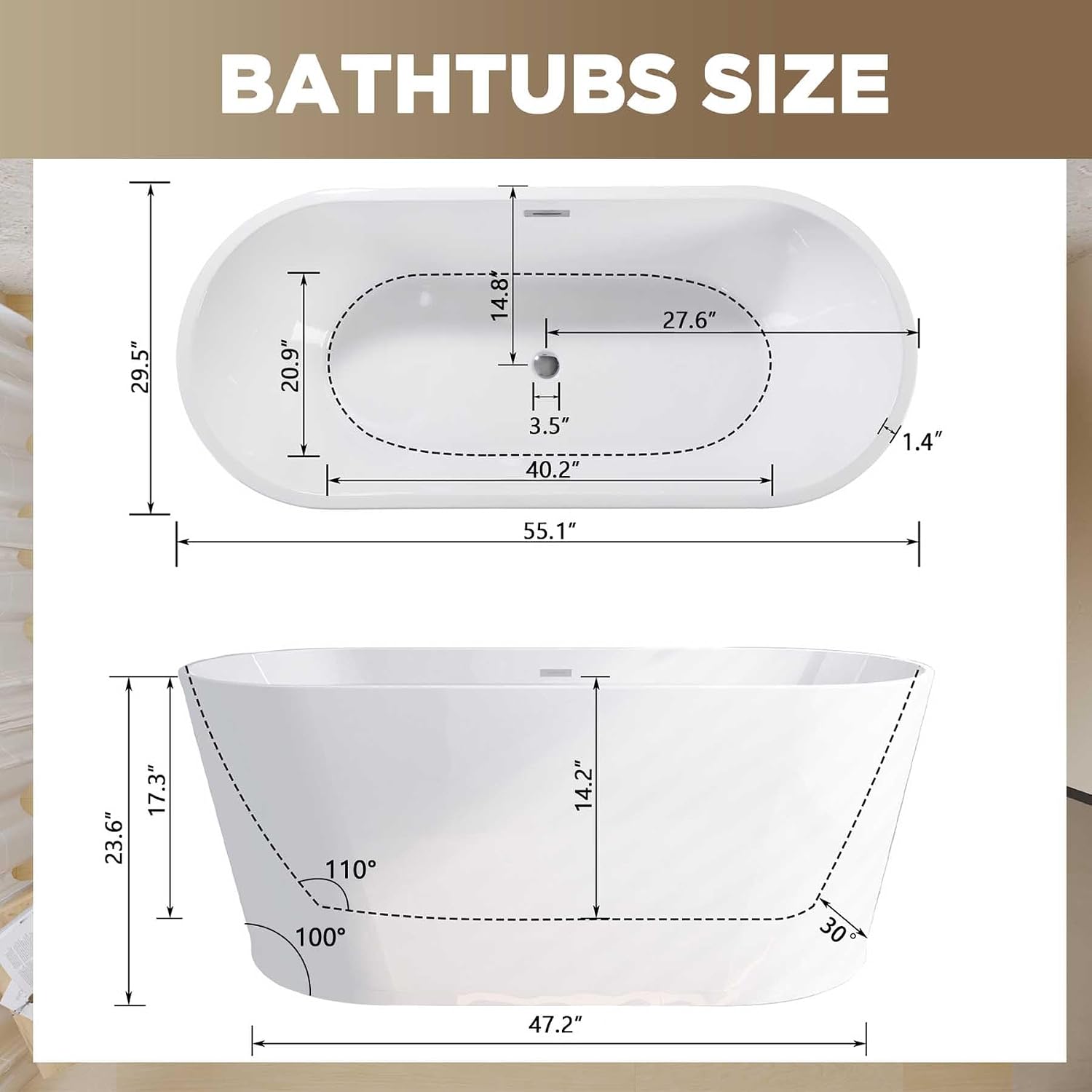 55' Oval Freestanding Soaking Bathtub with Toe-Tap Chrome Drain, Stand Alone Tub, Acrylic Soaking Tub, Ergonomic (Gloss White, 55')