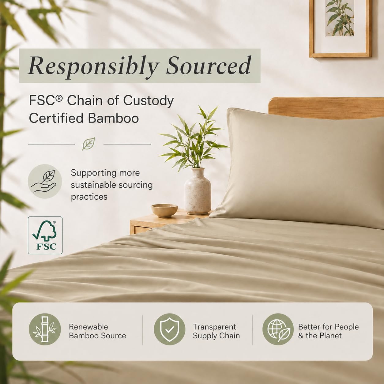 TOSMO Luxury Cooling Sheet Set | 100% Viscose from Organically Grown Bamboo | FSC® Certified | Queen Size | 18' Deep Pockets | Silky Soft Natural Bedding for Hot Sleeper [Dune]