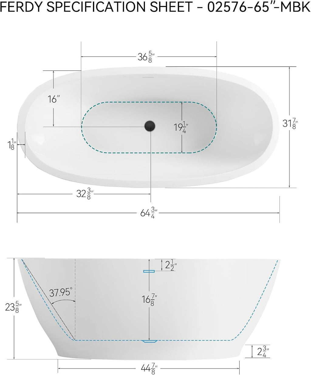FerdY Koh Samui 65' Freestanding Bathtub, Elegant Oval Shape, Double Walled Insulation Bathtub with Center Matte Black Drain & Minimalist Linear Design Overflow