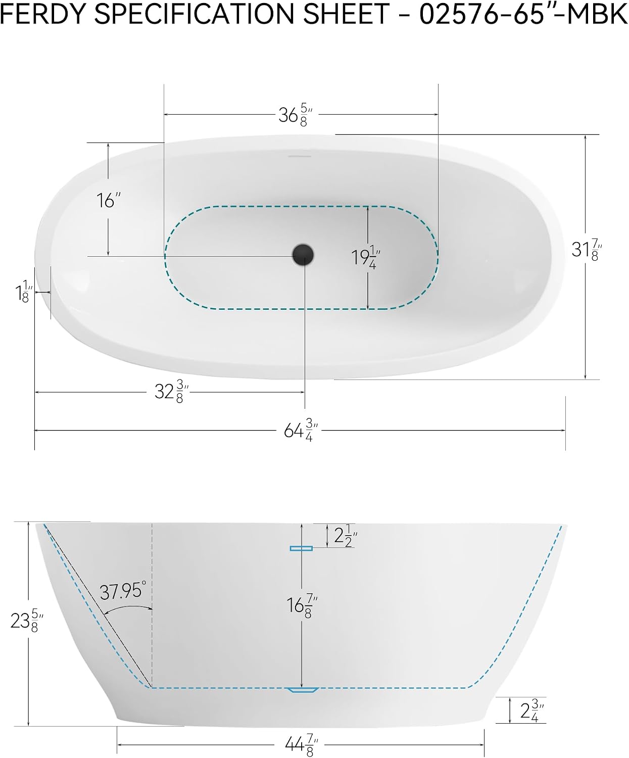 FerdY Koh Samui 65' Freestanding Bathtub, Elegant Oval Shape, Double Walled Insulation Bathtub with Center Matte Black Drain & Minimalist Linear Design Overflow
