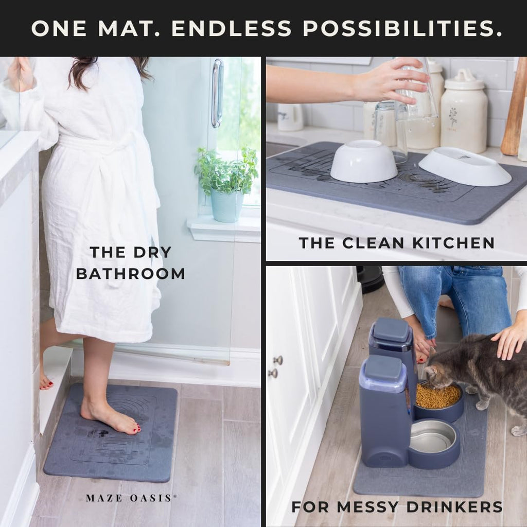 5X Faster Drying - Premium Stone Bath Mat Set - Engineered Design – Diatomaceous Earth Bathroom Mat & Stone Drying Mat for Kitchen Counter – Non Slip, Engraved Airflow – Serenity Ash 2Pc