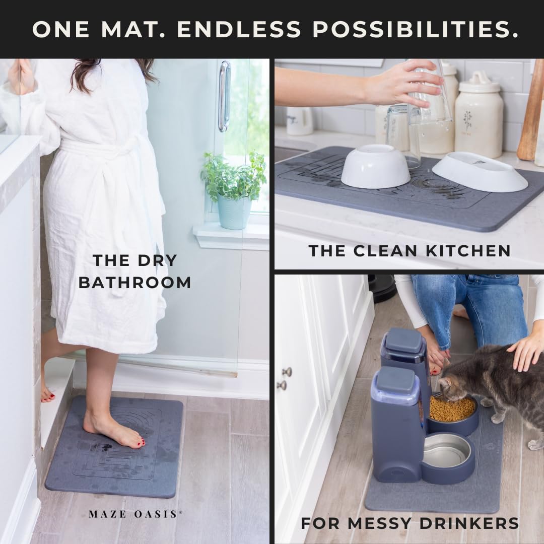 5X Faster Drying - Premium Stone Bath Mat Set - Engineered Design – Diatomaceous Earth Bathroom Mat & Stone Drying Mat for Kitchen Counter – Non Slip, Engraved Airflow – Serenity Ash 2Pc