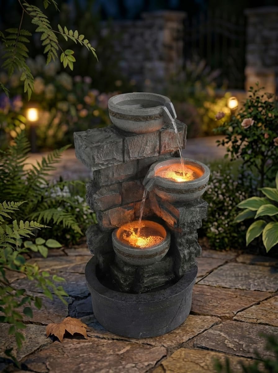 Water Fountian Outdoor - 3 Tiered Bowls Floor Stacked Stone Pump Waterfall Fountain,Good Rest Stop for Bird,Provide Flowing Water Feature for Outside Garden,Backyard,Lawn,27 Inch Tall