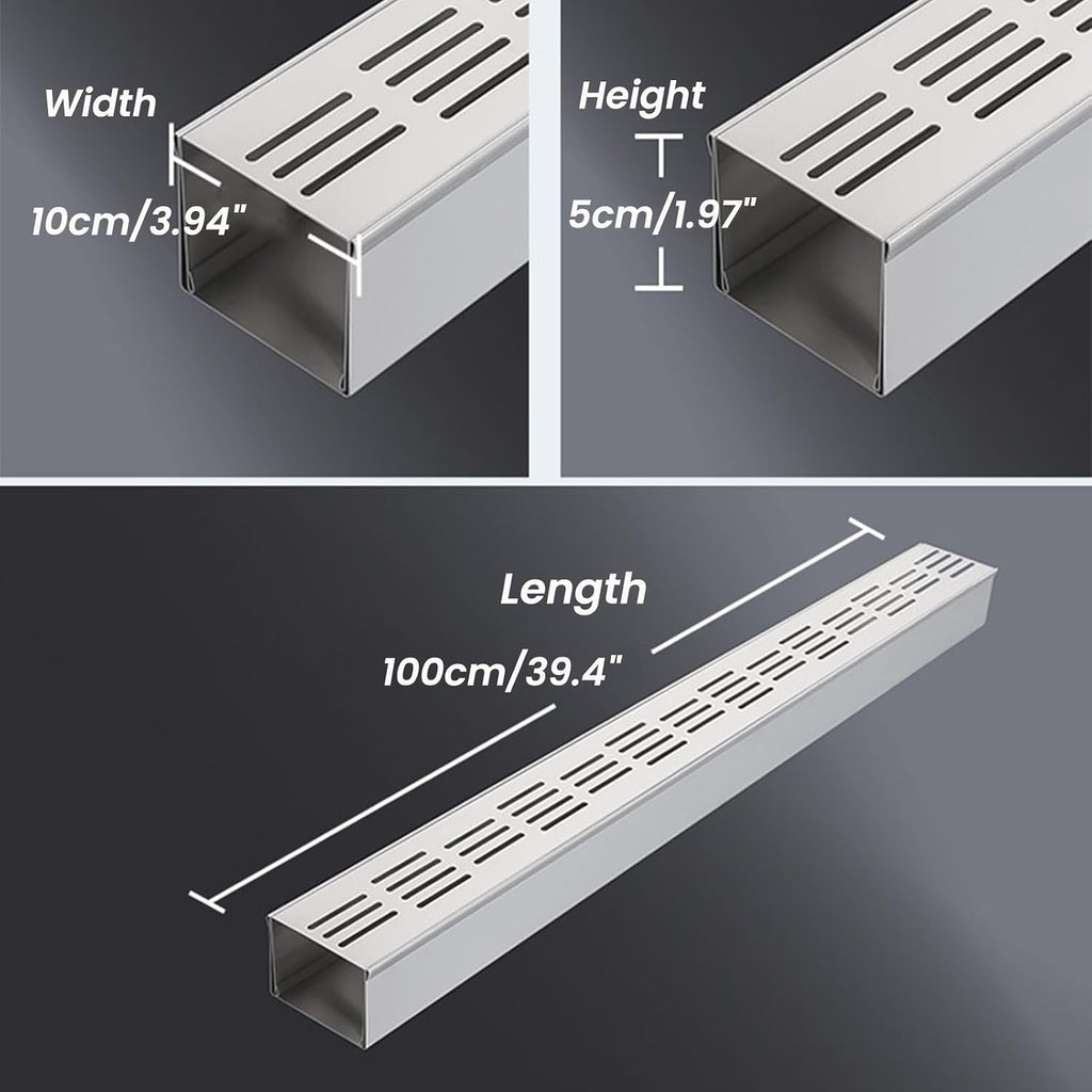 2PCS Narrow Channel Drain Grate, 304 Stainless Steel Trench Drain System with Grate, Outdoor Shallow Channel Drainage Kit for Yard, Patio, Driveway Garage (39.4' Lx3.94 Wx1.97 H)