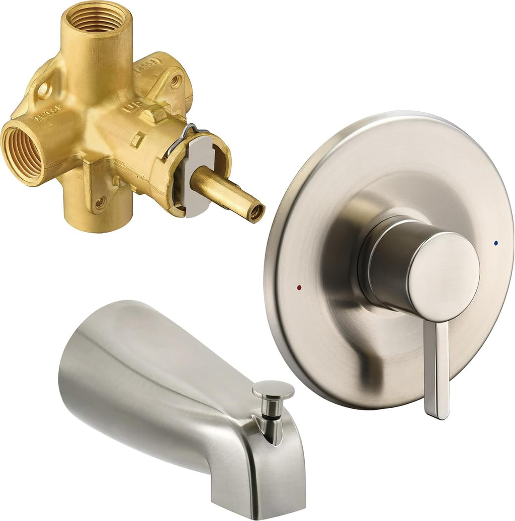 Tearel Replacement for Moen Posi Temp Shower Valve and Trim Kit, Complete Set for Tub and Shower Faucet, Includes Valve Body, Handle, Escutcheon Plate, Tub Spout, Brushed Nickel