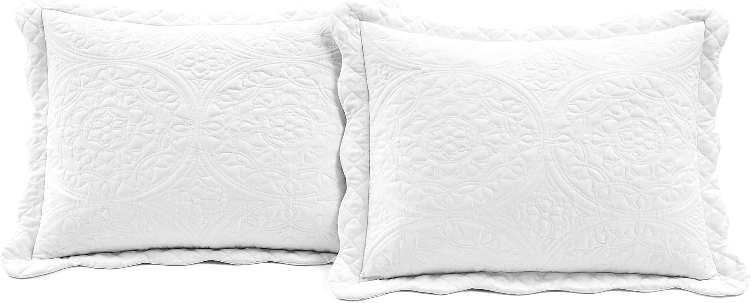 Lush Decor Medallion Scallop Embroidery Bedspread King Size 5 Piece Set White - White Bedding Set King Quilt - Lightweight Bedspreads with Pillowcases
