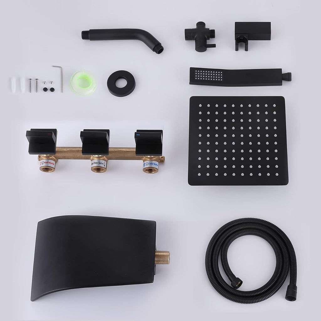 3 Handles Tub Shower Faucet,Bathtub Shower Faucet Set with Tub Spout,Dual 2 in 1 Shower System Complete Tub and Shower Trim Kit,Matte Black