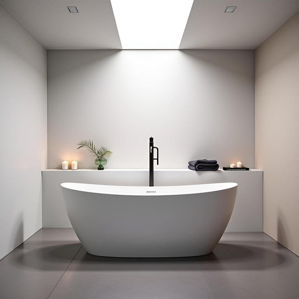 55'' High-back Stone Resin Freestanding Bathtub, Solid Surface Free Standing Tub, Contemporary Soaking Tub, Stand Alone Tub with Pop-up Drain and Overflow, Matte White (Oval)