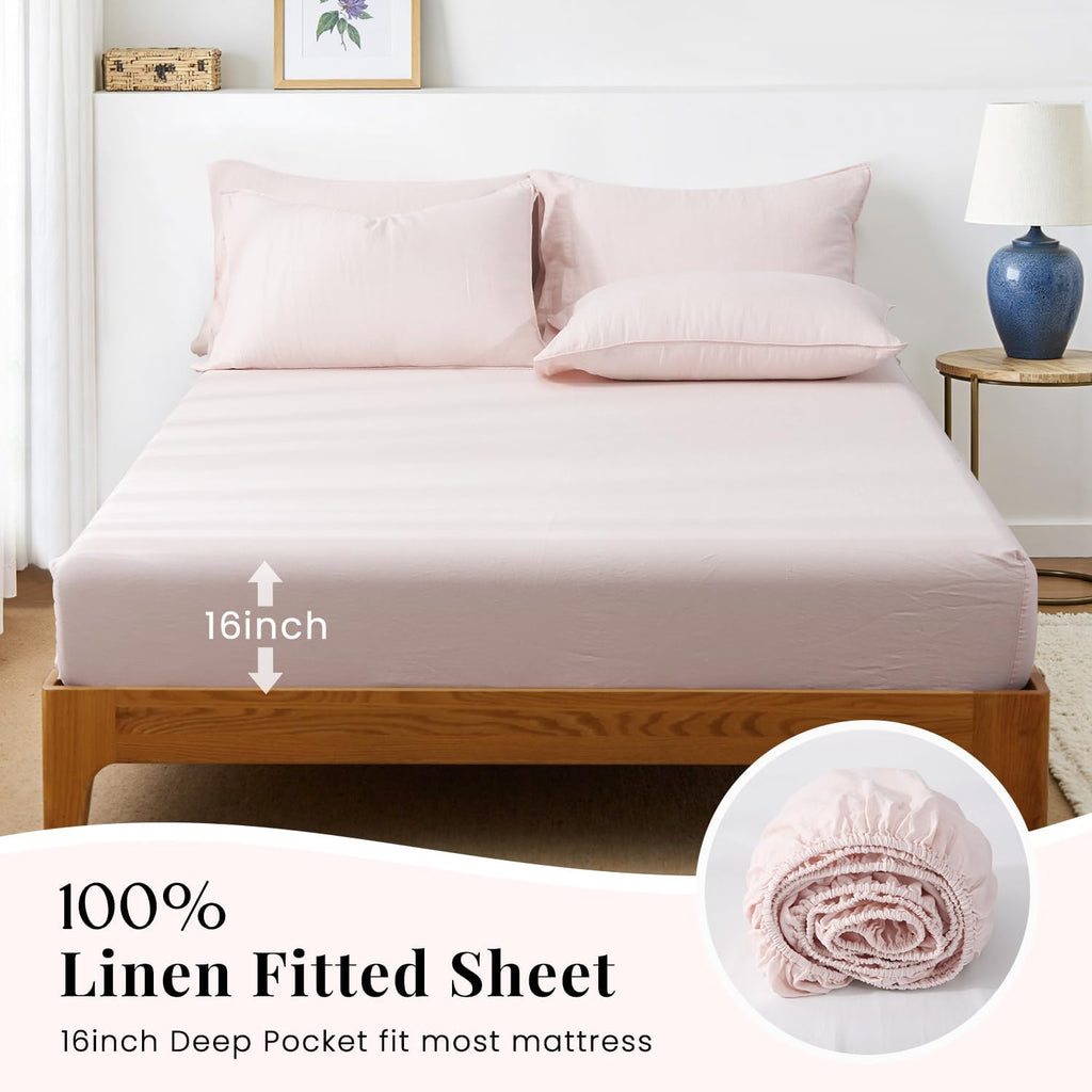 S VICTORY SYMBOL 100% Organic Linen Sheets Set Queen Size,Washed French Flax Bed Sheets 4 Pieces(2 Pillowcases,1 Fitted Sheet,1 Flat Sheet) Pale Pink,Natural Linen Bedding