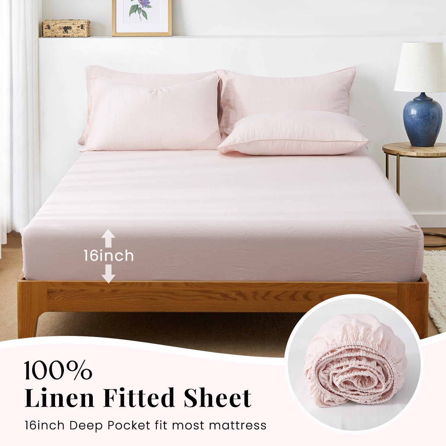 S VICTORY SYMBOL 100% Organic Linen Sheets Set Queen Size,Washed French Flax Bed Sheets 4 Pieces(2 Pillowcases,1 Fitted Sheet,1 Flat Sheet) Pale Pink,Natural Linen Bedding