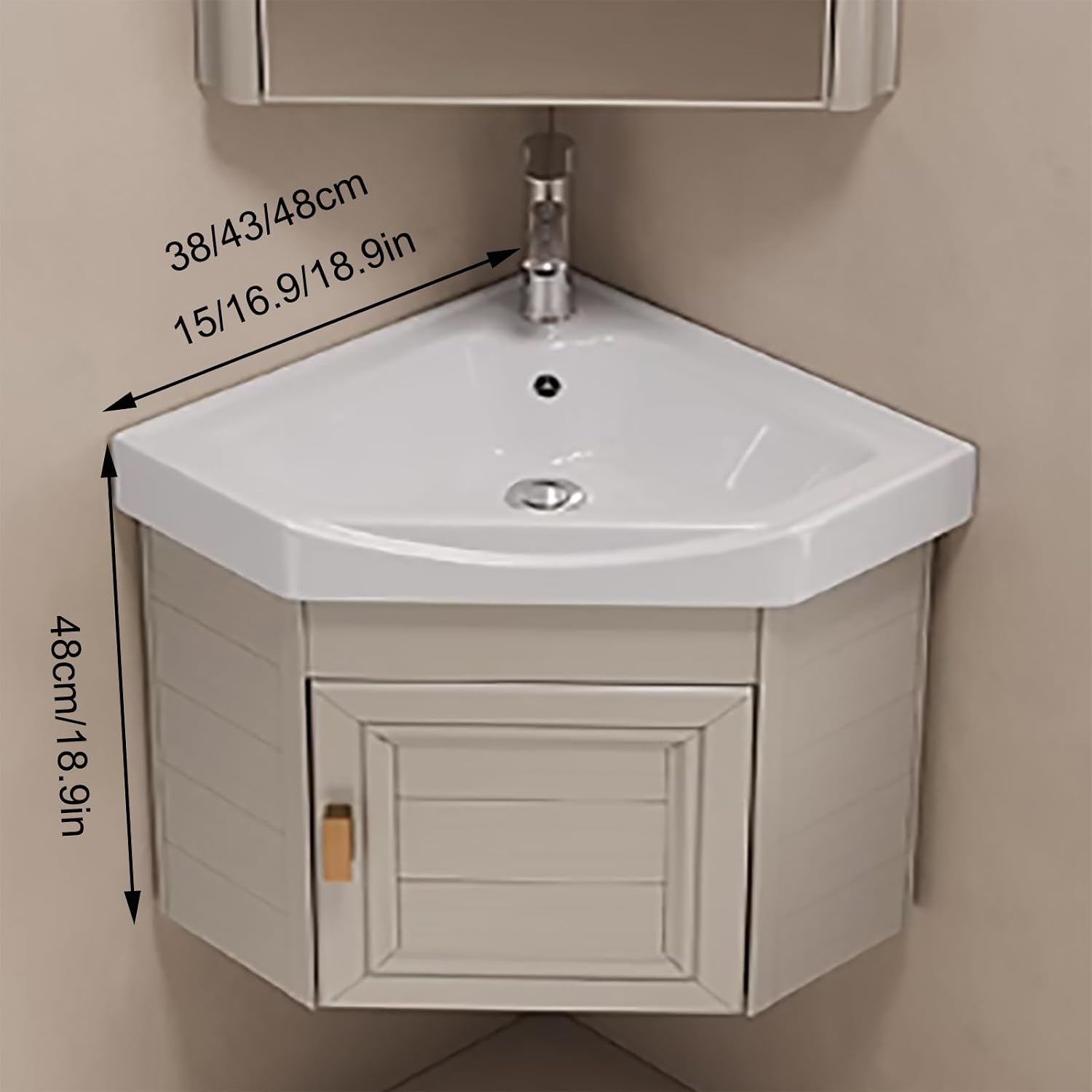Wall-Mounted Beige Ceramic Sink with Vanity Set Complete Bathroom Fur Including Faucet 38Cm Space-Saving Washbasin & Under-Sink Cabinet for Modern Bathrooms.,