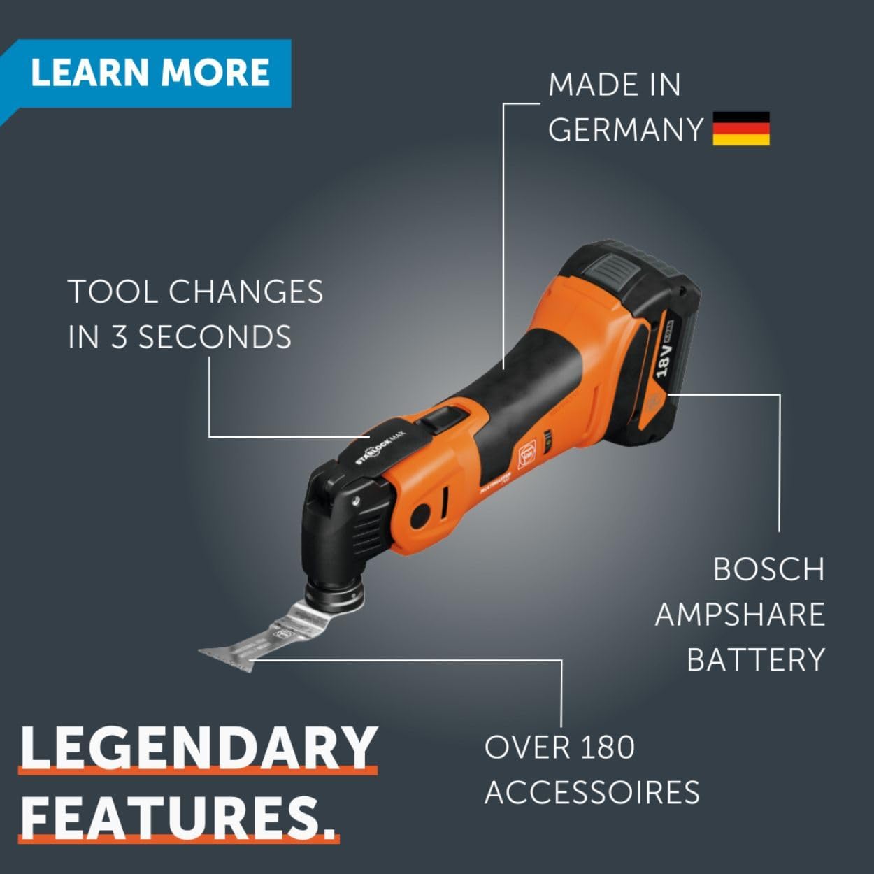 Fein Cordless MultiMaster AMM 500 Plus Top 4 Ah AS for Interior Construction and Renovation - Starlock Plus Mount, QuickIn System, Constant Speed, Metal Drive Head - 71293861090