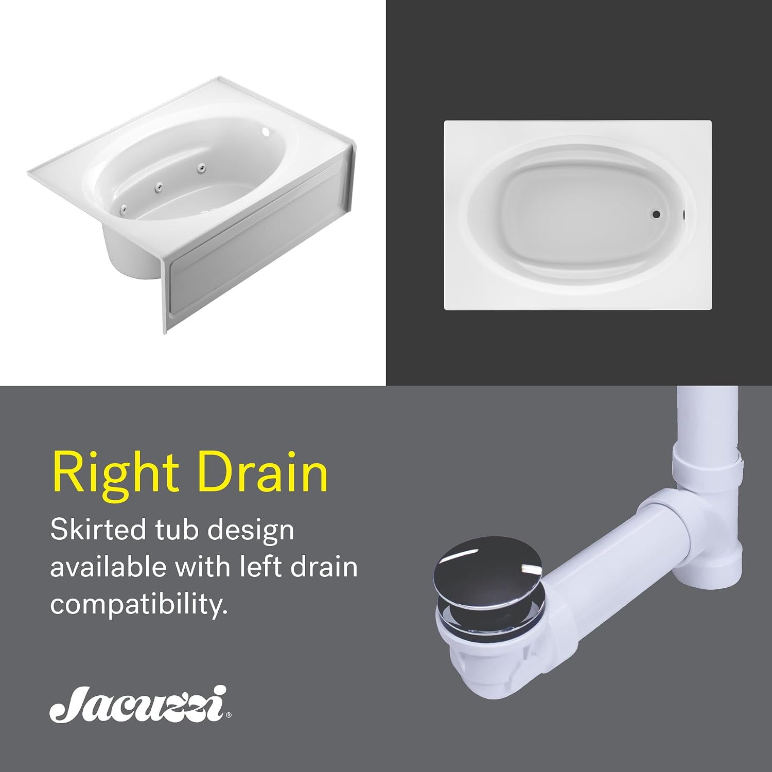 JACUZZI SIGNATURE Acrylic Skirted Soaking Bathtub, Slip Resistant, Right Drain Placement, 60' (L) x 42' (W), Oval in Rectangle Design, White