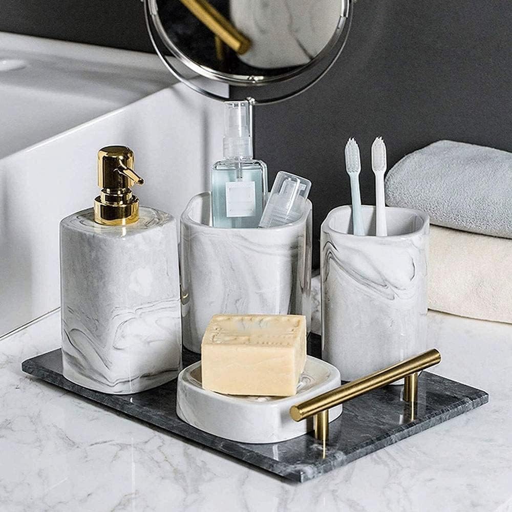 Bathroom Accessory Sets, Ceramic Bathroom Accessories Complete Set Vanity Countertop Accessory Set,4 Pieces Includes Lotion Dispenser Soap Pump,Toothbrush Holder (Color : Gray) (Pink)