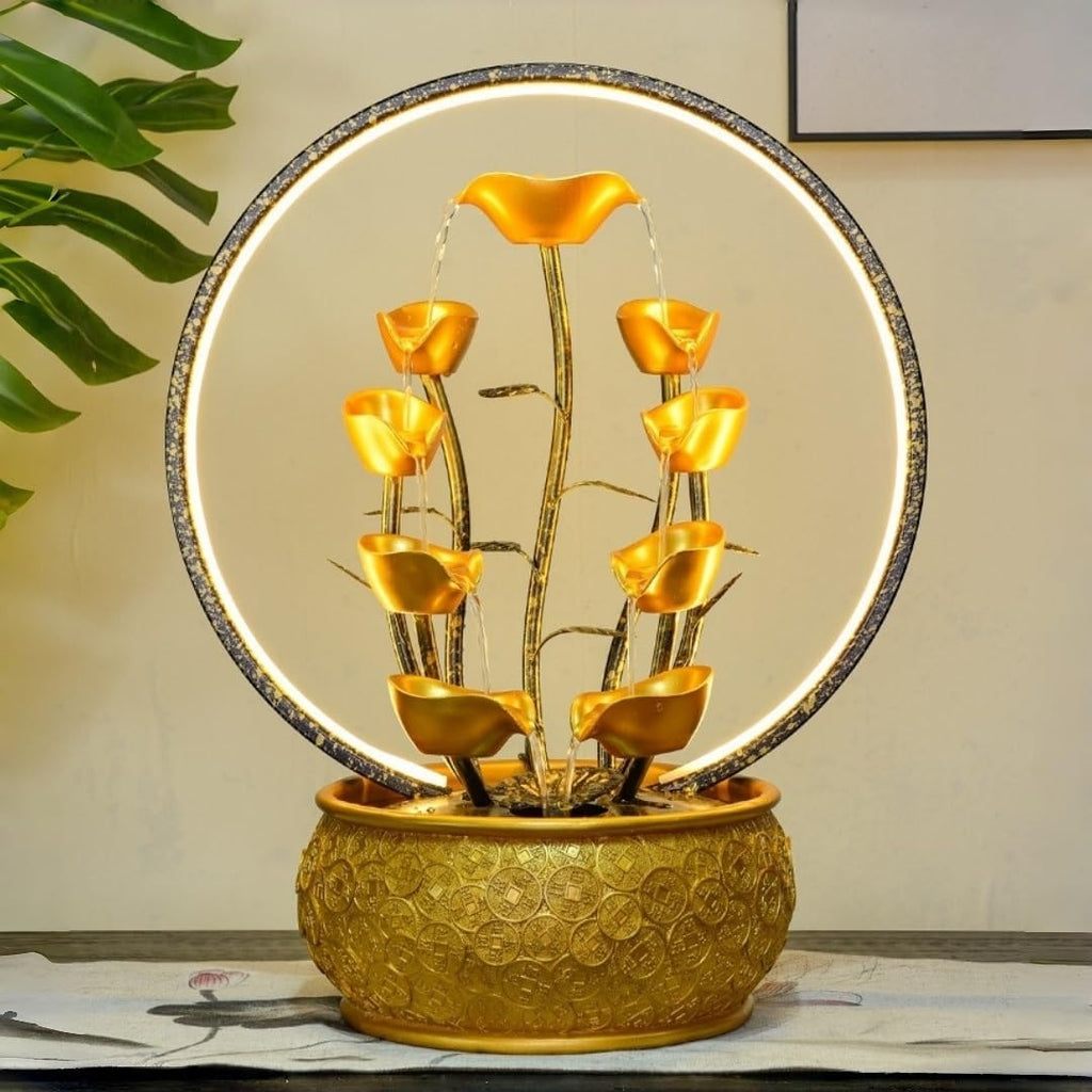 Gold Money Tree Feng Shui Tabletop Fountain with LED Light and Automatic Pump, Wealth Luck Indoor Waterfall Decor, Resin Desktop Water Feature for Home Office Zen Relaxation(Large)
