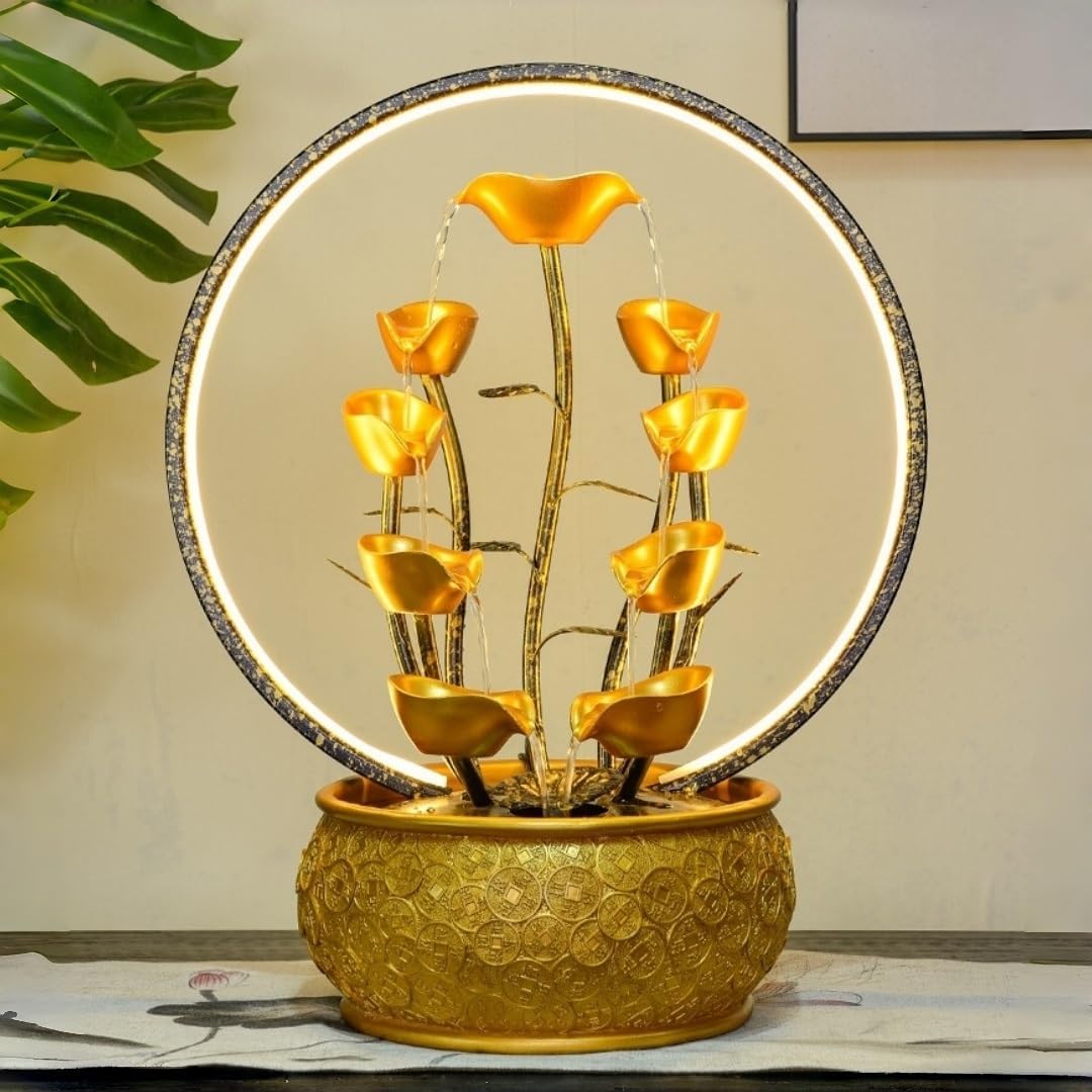 Gold Money Tree Feng Shui Tabletop Fountain with LED Light and Automatic Pump, Wealth Luck Indoor Waterfall Decor, Resin Desktop Water Feature for Home Office Zen Relaxation(Large)