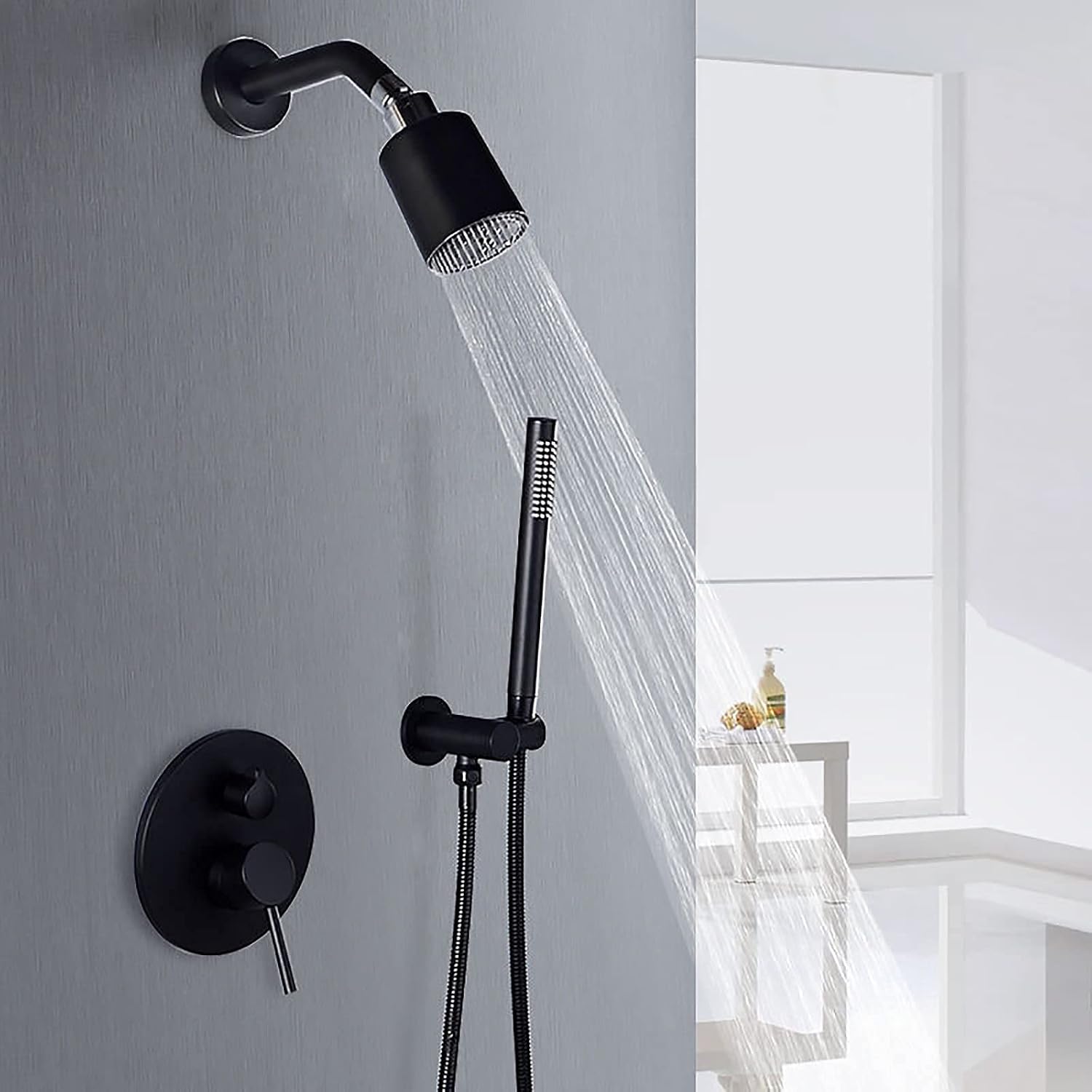 Shower System Round Rainfall Shower Head System with Handheld Combo Set, Wall Mounted Shower Faucet Set Complete with Brass Valve and Trim Kit (Color : Black)