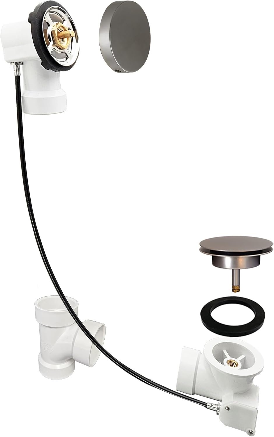 Westbrass D50P35SRE-07 35' Cable Drive Bathtub Drain Trim with Rotary Overflow Cover Knob, Pop-Up Stopper Sch. 40 PVC Fittings, Satin Nickel