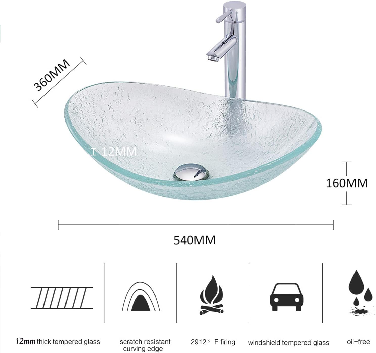 Tempered Glass Vessel Bowl Sink, Top Mount Installation Bathroom Sinks Above Counter, Oval Boat Vanity Countertop Sink Bowl with Chrome Faucet,Single Basin Set (Complete Set)